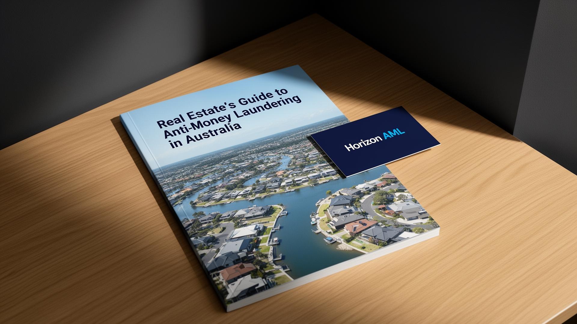Horizon AML — Real Estate's Guide to Anti-Money Laundering in Australia, printed booklet on a wooden desk